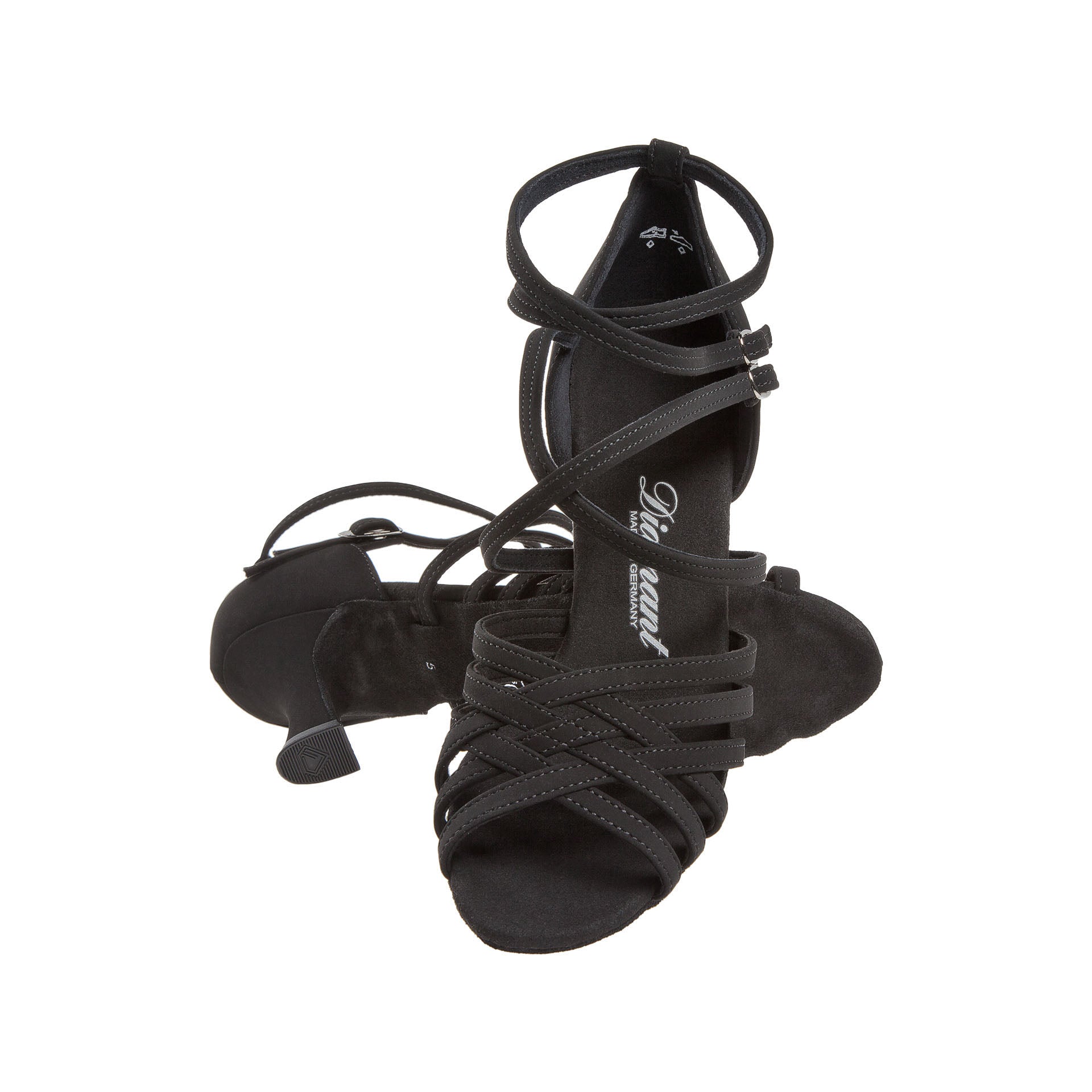 Diamant 108 Tanzschuhe: Schwarze Riemchensandalen mit hohen Absätzen und offenen Zehen, abgebildet auf weißem Hintergrund.